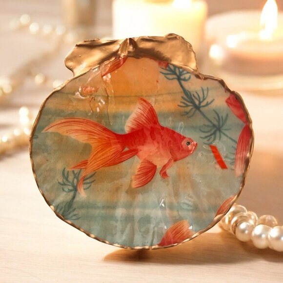 Handmade Decoupage Scallop Shell Trinket Dish Koi Gold Fish - Picture 2 of 13